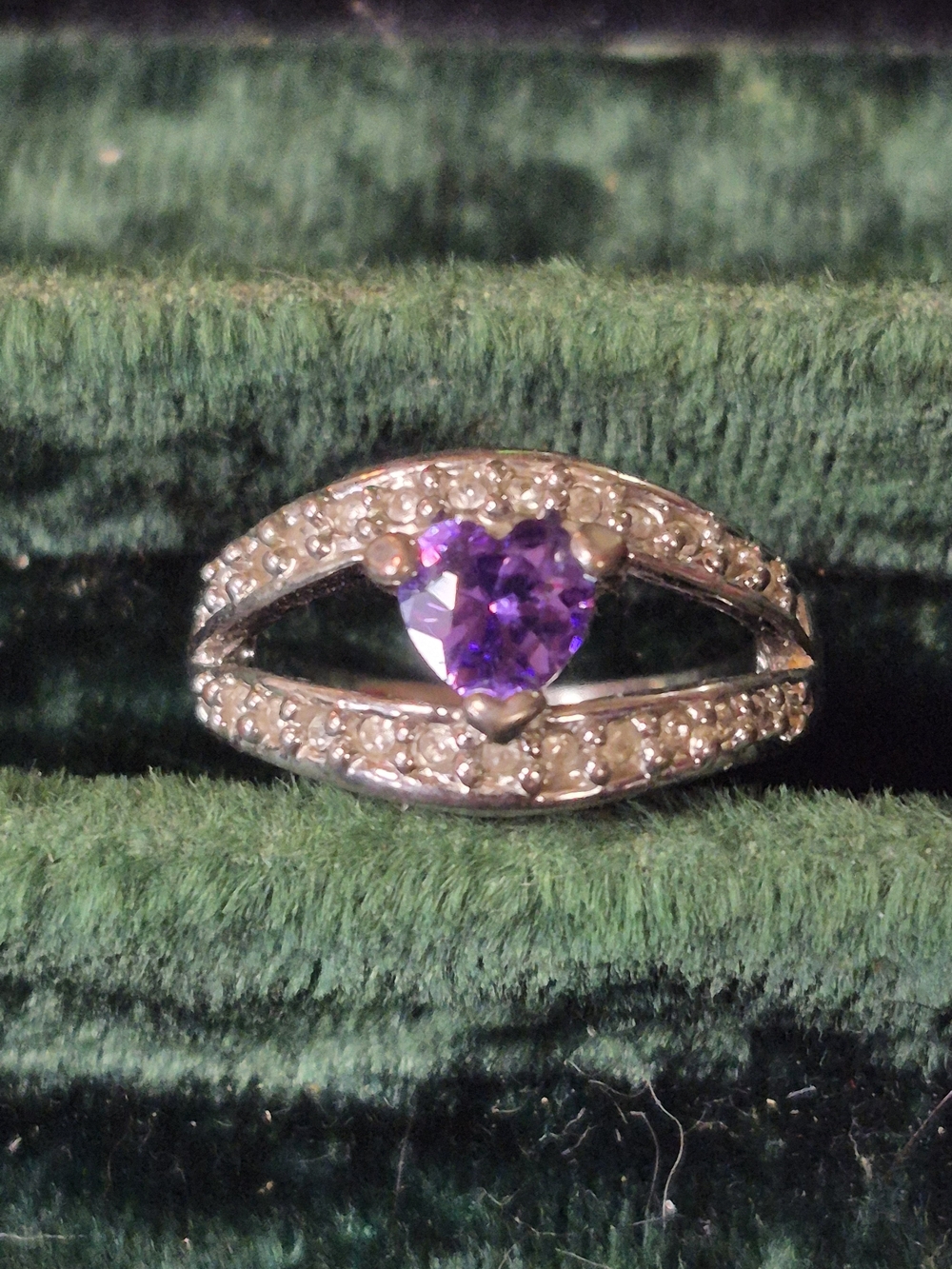 Silver Tone Heart Amethyst Color and Pavé Cubic Zirconia Ring - Purple